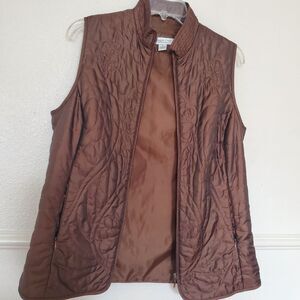 Coldwater Creek Women's Brown Quilted Vest Full Zip Embroidered Size S Small